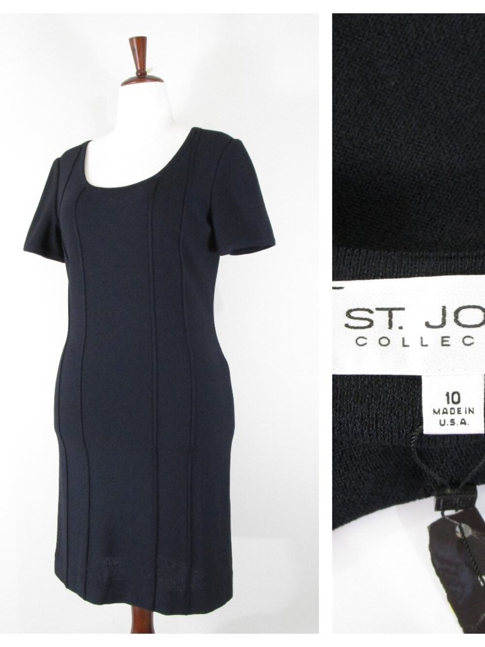 St. John Collection Solid Black Santana Knit Scoop Neck Sheath Dress Size 10